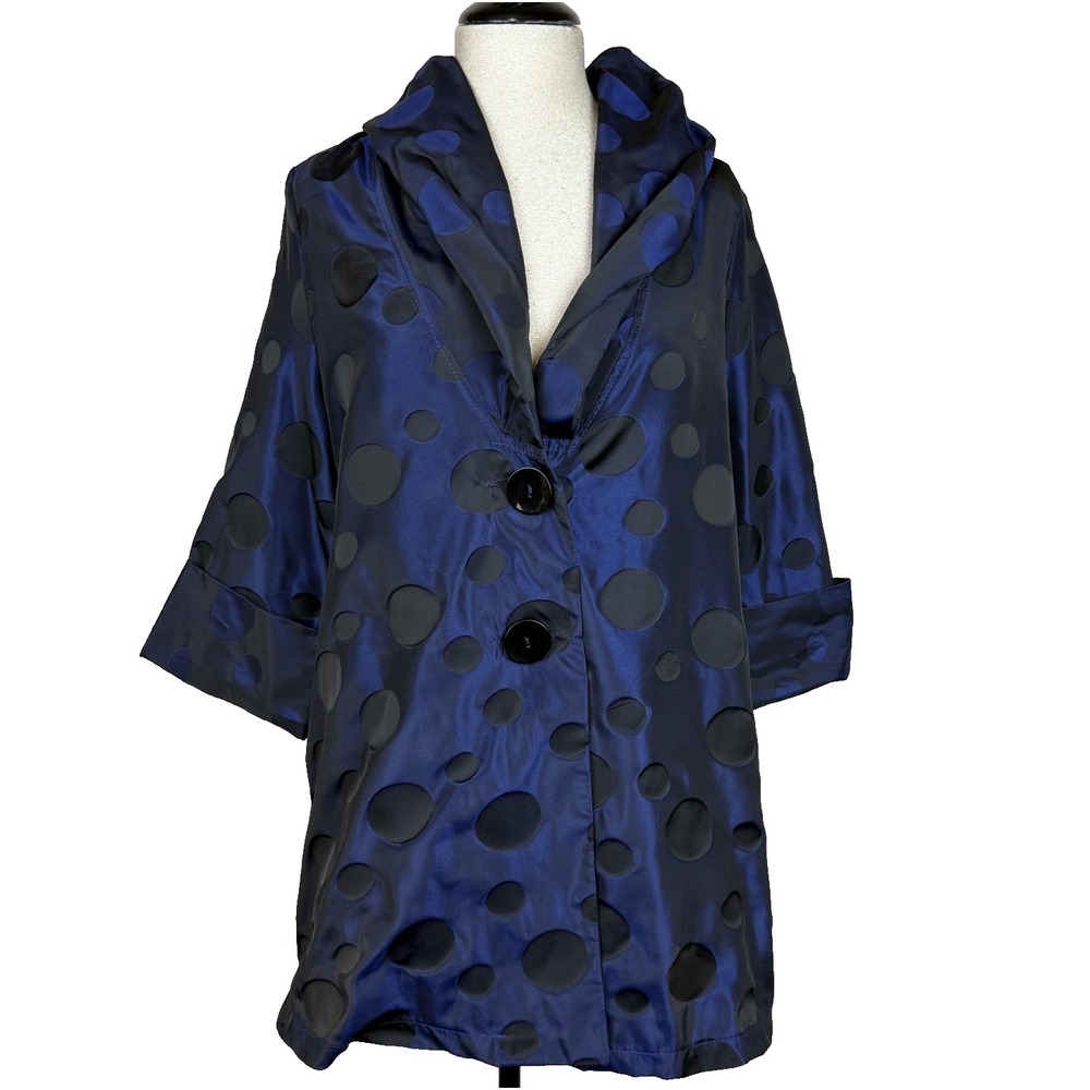 Moonlight‎ Y & S Fashion Jacket S Blue Polka Dot Hood Swing Coat Artsy Lagenlook